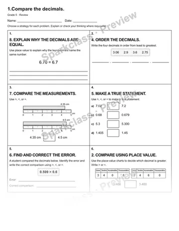 1.Compare the decimals. — Review — Grade 5 worksheet preview