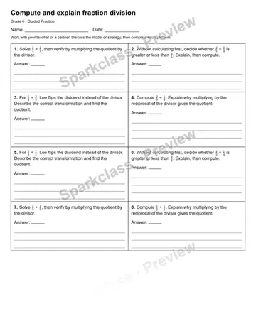 Compute and explain fraction division — Guided Practice — Grade 6 worksheet preview