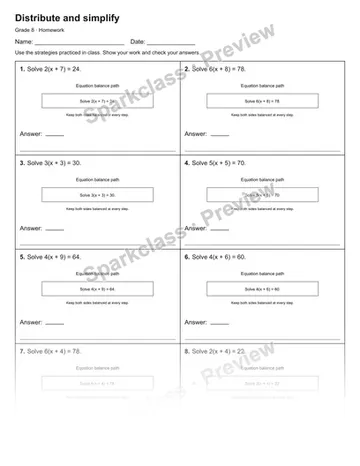 Distribute and simplify — Homework — Grade 8 worksheet preview