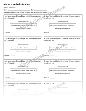 Model a verbal situation — Homework — Grade 8 worksheet preview