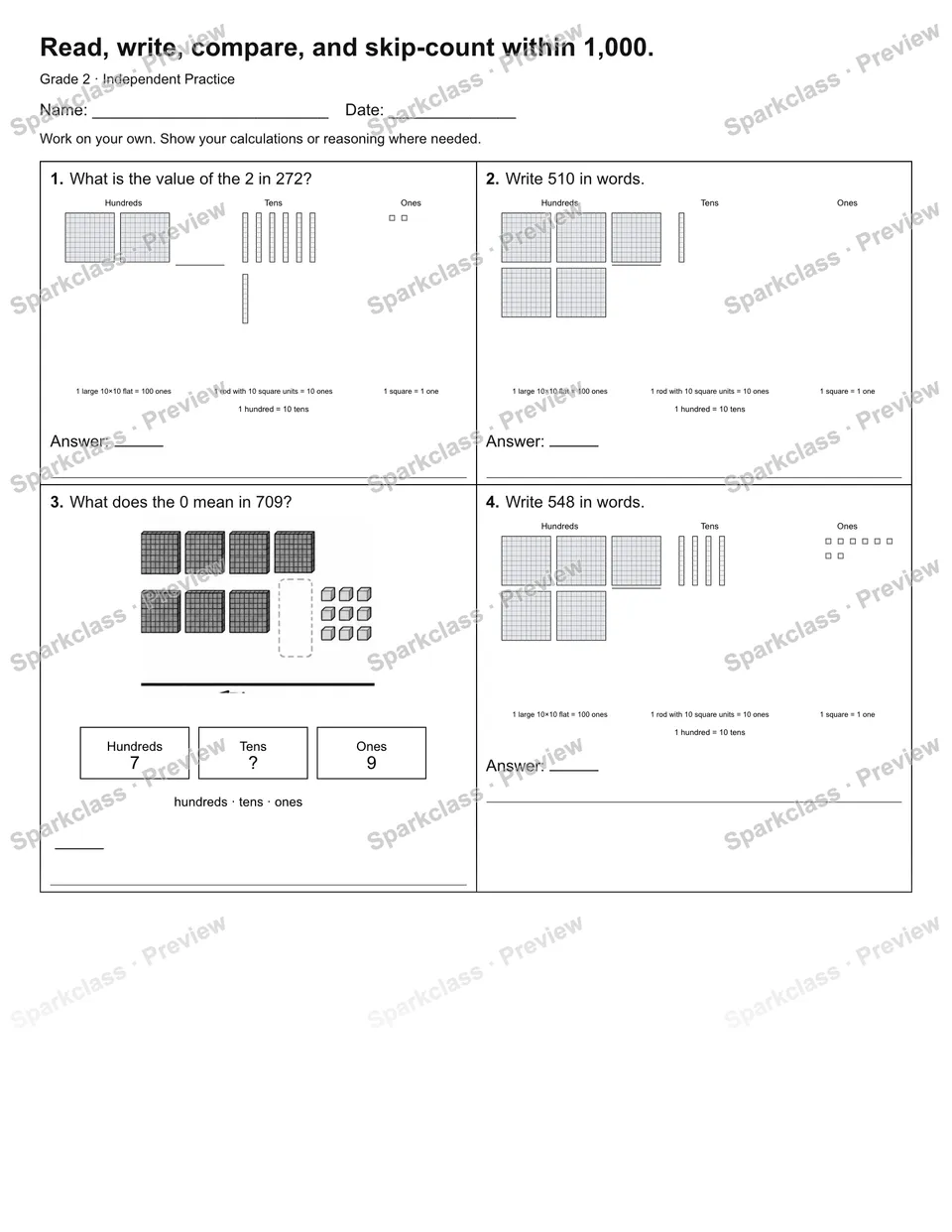 Read, write, compare, and skip-count within 1,000. — Independent Practice — page 1