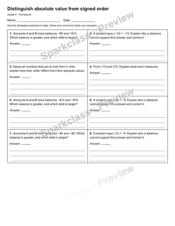 Distinguish absolute value from signed order — Homework — Grade 6 worksheet preview