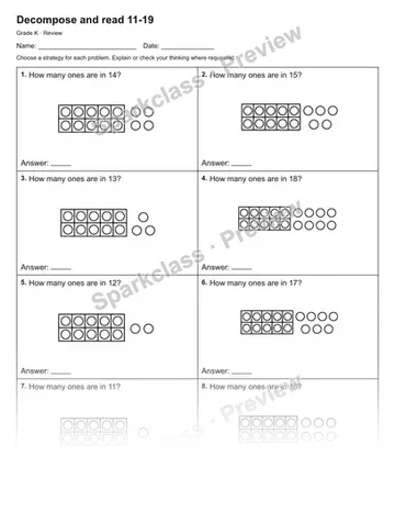 Decompose and read 11-19 — Review — Kindergarten worksheet preview