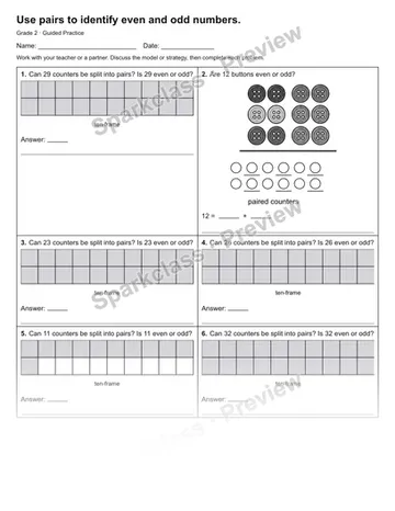 Use pairs to identify even and odd numbers. — Guided Practice — Grade 2 worksheet preview