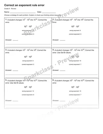 Correct an exponent rule error — Review — Grade 8 worksheet preview