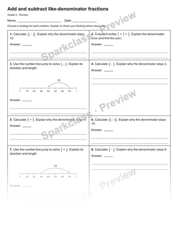 Add and subtract like-denominator fractions — Review — Grade 4 worksheet preview