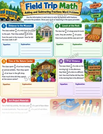 Fraction Word Problems · Field Trip — Grade 5 worksheet preview
