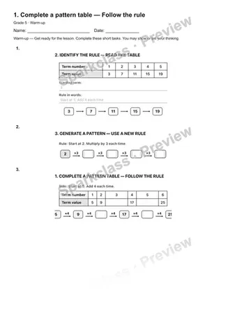1. Complete a pattern table — Follow the rule — Warm-up — Grade 5 worksheet preview