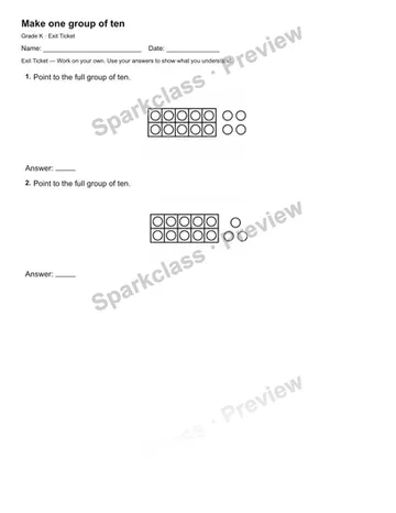 Make one group of ten — Exit Ticket — Kindergarten worksheet preview