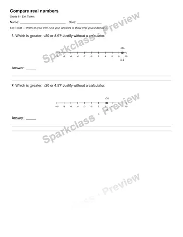 Compare real numbers — Exit Ticket — Grade 8 worksheet preview