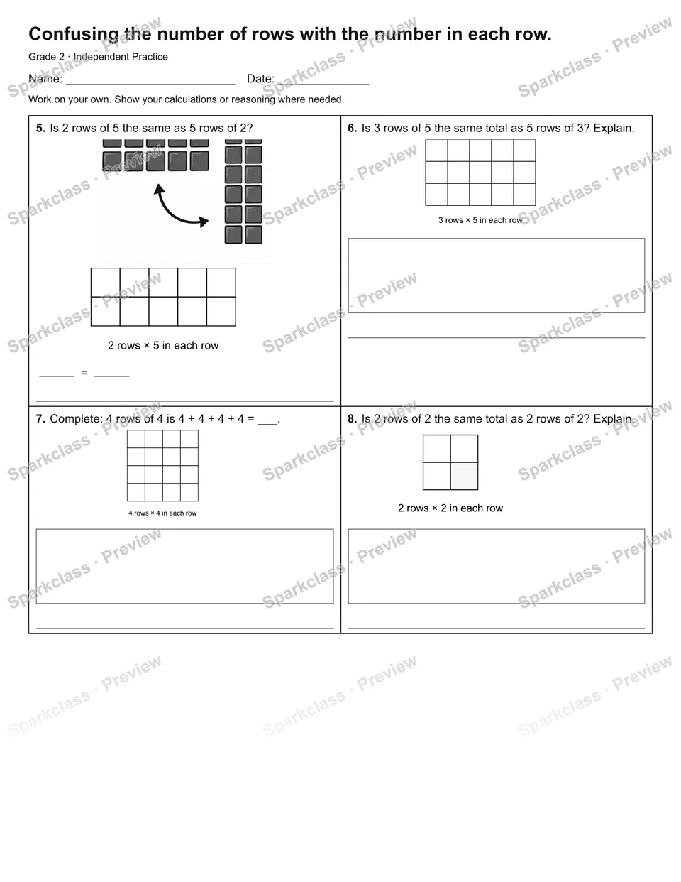 Confusing the number of rows with the number in each row. — Independent Practice — page 2
