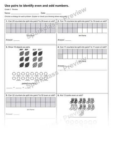 Use pairs to identify even and odd numbers. — Review — Grade 2 worksheet preview