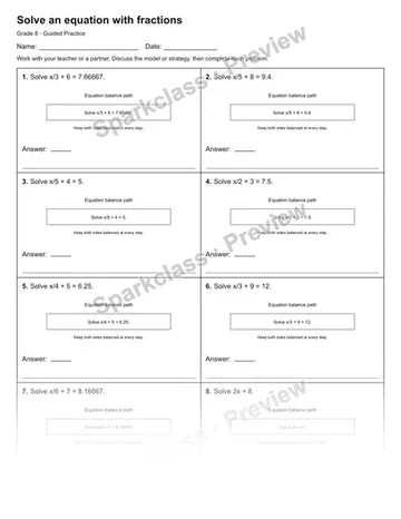 Solve an equation with fractions — Guided Practice — Grade 8 worksheet preview