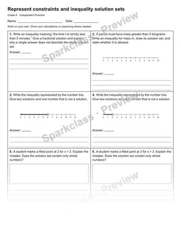 Represent constraints and inequality solution sets — Independent Practice — Grade 6 worksheet preview