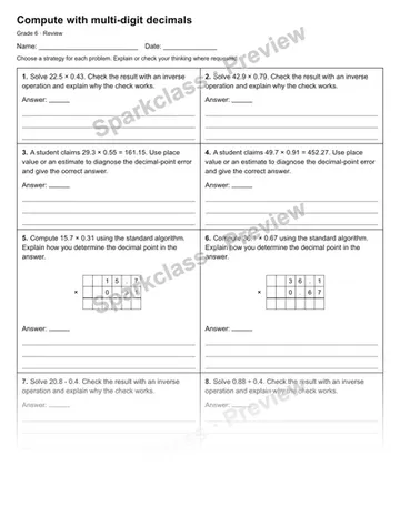 Compute with multi-digit decimals — Review — Grade 6 worksheet preview