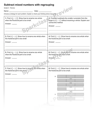 Subtract mixed numbers with regrouping — Review — Grade 4 worksheet preview