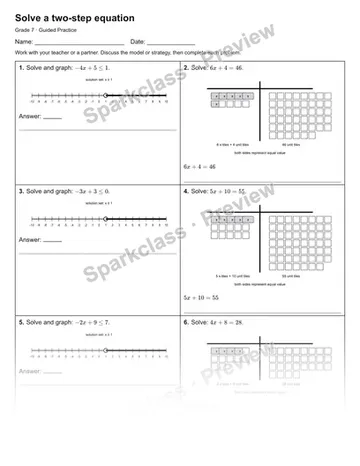 Solve a two-step equation — Guided Practice — Grade 7 worksheet preview