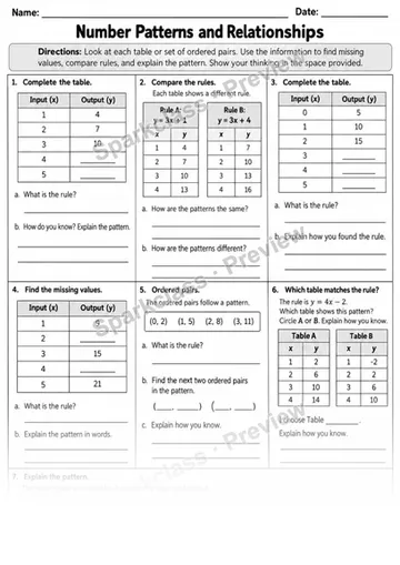Number Patterns and Relationships — Grade 5 worksheet preview