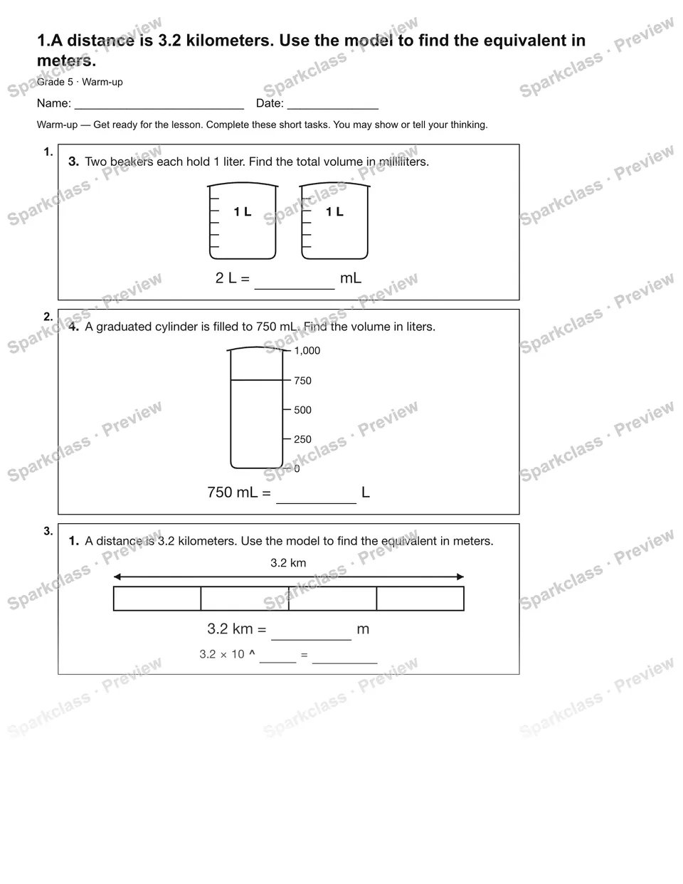 1.A distance is 3.2 kilometers. Use the model to find the equivalent in meters. — Warm-up — page 2