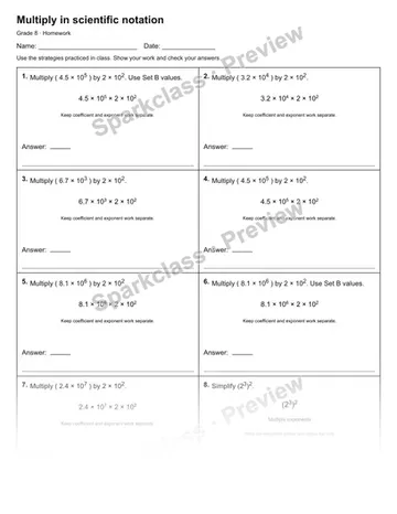 Multiply in scientific notation — Homework — Grade 8 worksheet preview