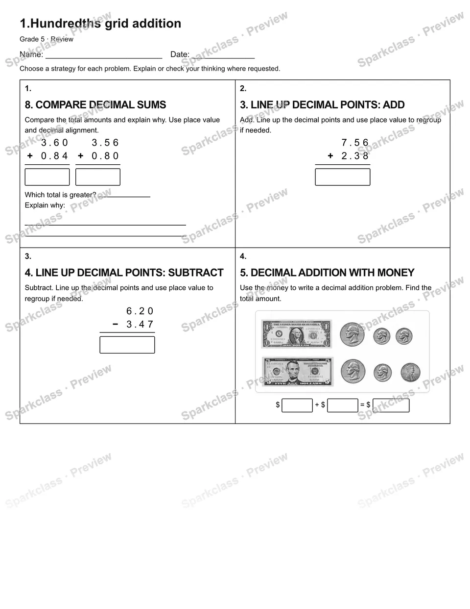 1.Hundredths grid addition — Review — page 1