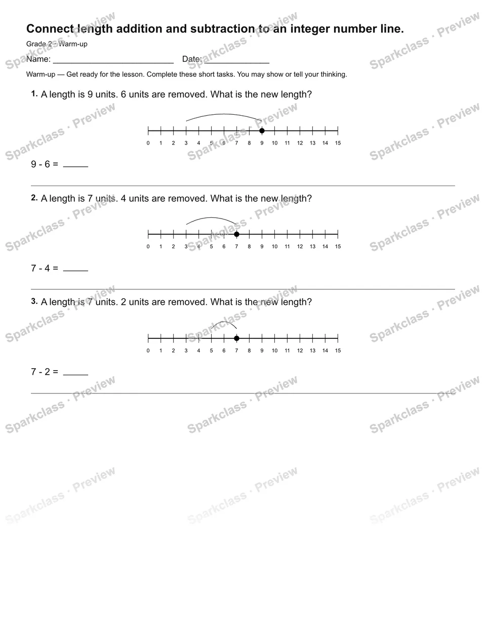 Connect length addition and subtraction to an integer number line. — Warm-up — page 2