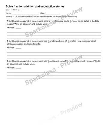 Solve fraction addition and subtraction stories — Warm-up — Grade 4 worksheet preview
