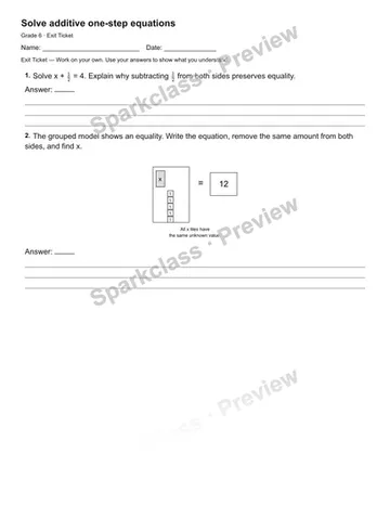 Solve additive one-step equations — Exit Ticket — Grade 6 worksheet preview