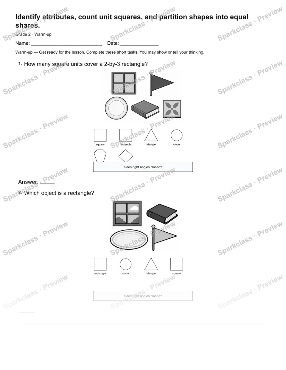 Identify attributes, count unit squares, and partition shapes into equal shares. — Warm-up — page 1