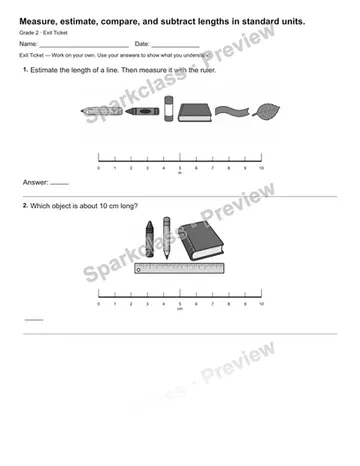 Measure, estimate, compare, and subtract lengths in standard units. — Exit Ticket — Grade 2 worksheet preview