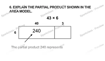 6. EXPLAIN THE PARTIAL PRODUCT SHOWN IN THE AREA MODEL. 43 × 6 40 3 6 240 The partial product 240 represents . — Grade 5 problem preview