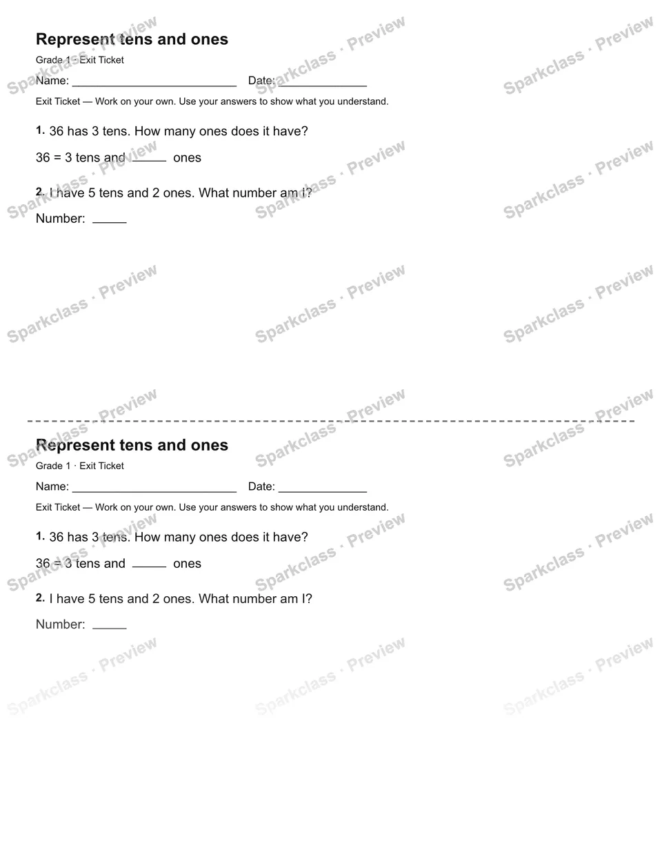 Represent tens and ones — Exit Ticket — page 1