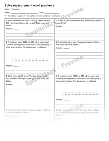 Solve measurement word problems — Homework — Grade 4 worksheet preview