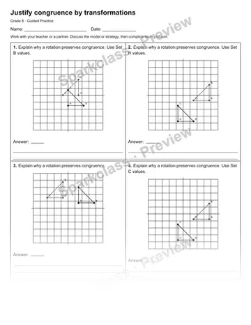 Justify congruence by transformations — Guided Practice — Grade 8 worksheet preview