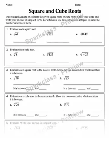 8.EE.A.2 · Square roots and cube roots — Grade 8 worksheet preview