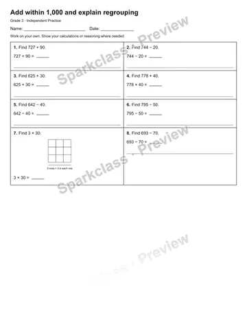 Add within 1,000 and explain regrouping — Independent Practice — Grade 3 worksheet preview