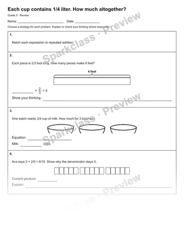 Each cup contains 1/4 liter. How much altogether? — Review — Grade 5 worksheet preview