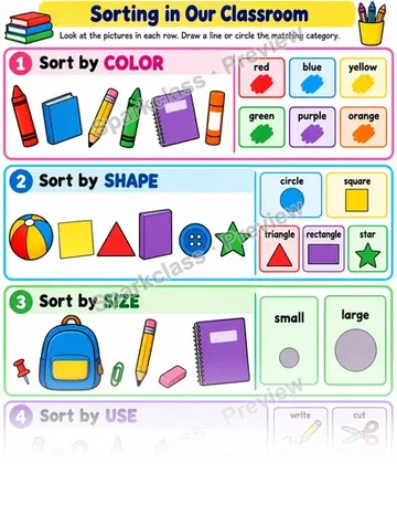 Basic Sorting in Our Classroom — Kindergarten worksheet preview