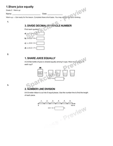 1.Share juice equally — Warm-up — Grade 5 worksheet preview