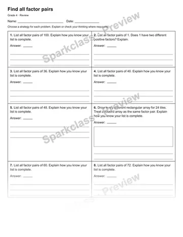 Find all factor pairs — Review — Grade 4 worksheet preview