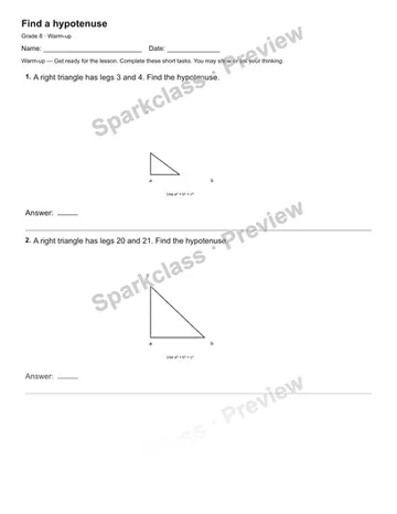 Find a hypotenuse — Warm-up — Grade 8 worksheet preview