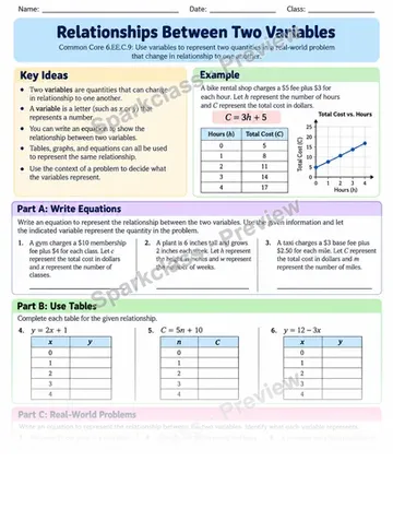 Variable Relationships — Grade 6 worksheet preview