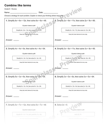 Combine like terms — Review — Grade 8 worksheet preview