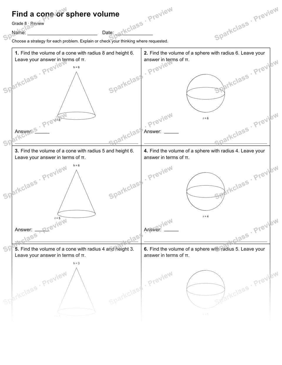 Find a cone or sphere volume — Review — page 1