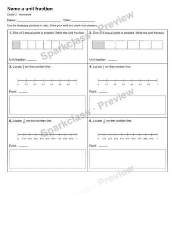 Name a unit fraction — Homework — Grade 3 worksheet preview