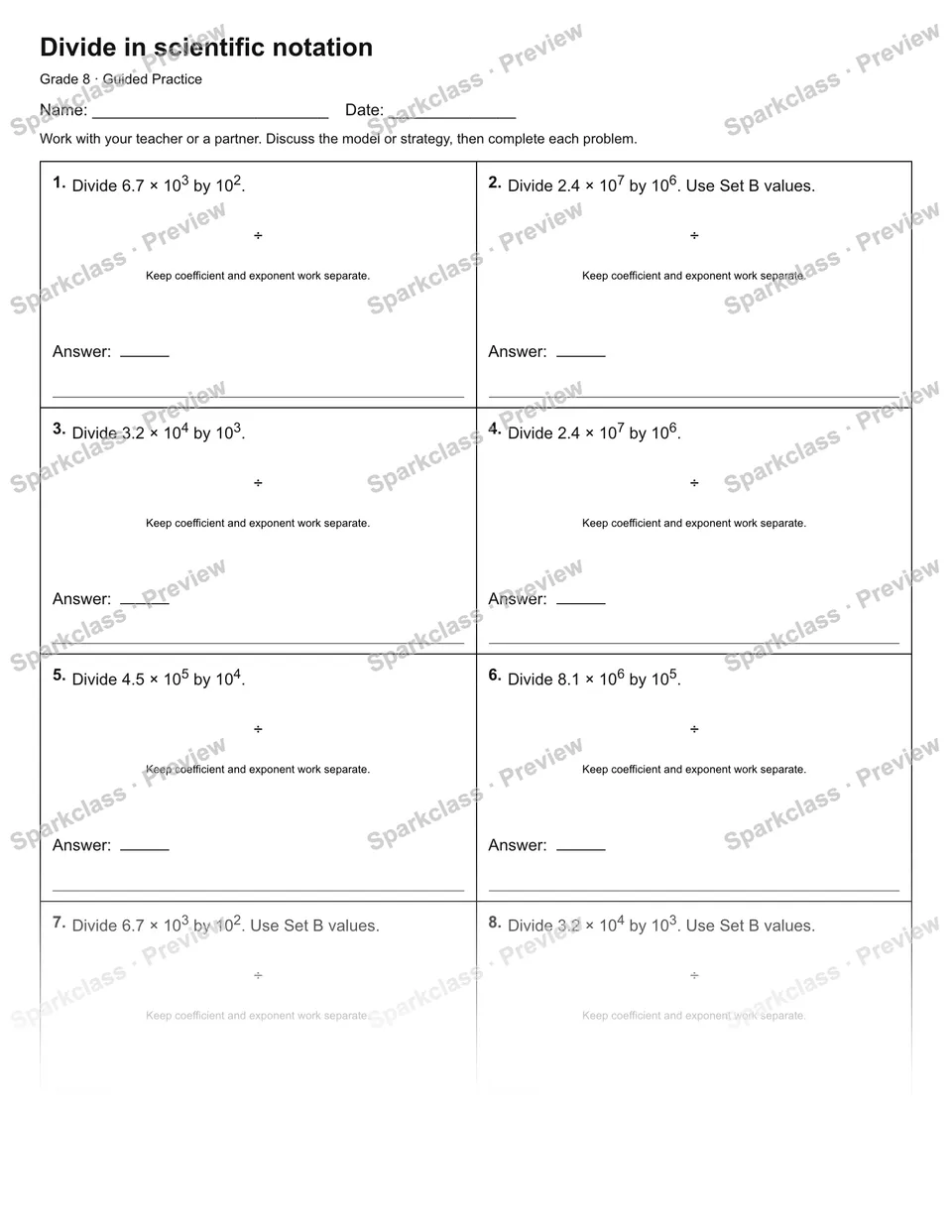 Divide in scientific notation — Guided Practice — page 1