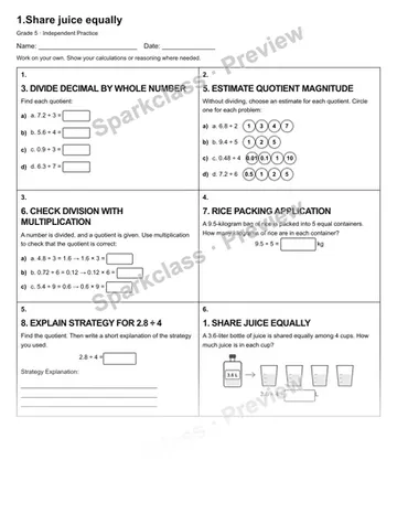 1.Share juice equally — Independent Practice — Grade 5 worksheet preview