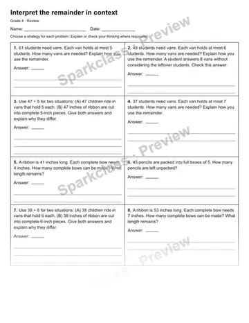 Interpret the remainder in context — Review — Grade 4 worksheet preview