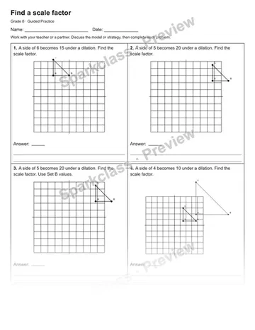 Find a scale factor — Guided Practice — Grade 8 worksheet preview