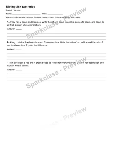 Distinguish two ratios — Warm-up — Grade 6 worksheet preview